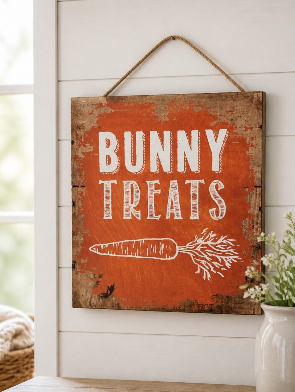 Bunny Treats Wall Art Wood Sign With Rope Hanger